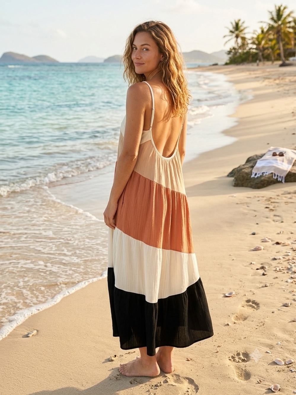 Colorblock Tiered Maxi Dresses, Low Back with Adjustable Spaghetti Dress